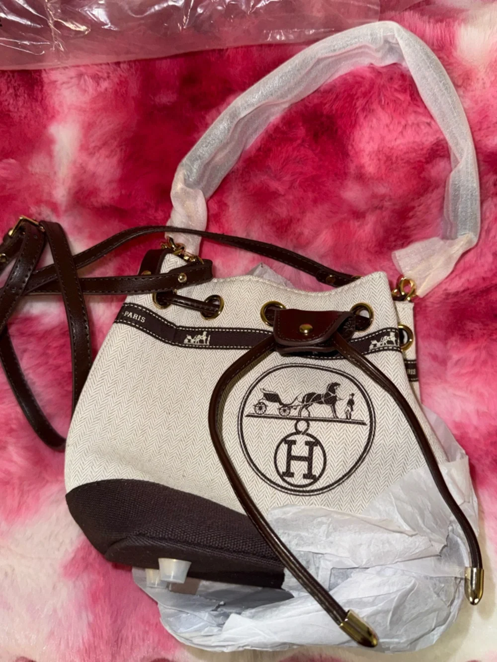 Cream and Brown Canvas Bucket Bag with Horse Motif